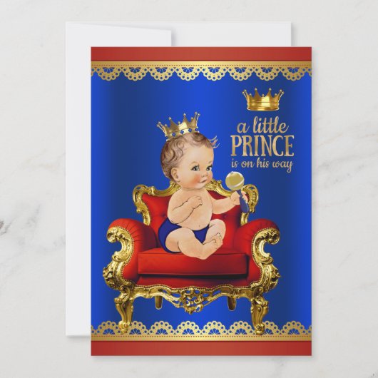 Rood Blauw Gouden Stoel Brunette Prince Baby showe Kaart (Voorkant)