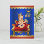 Rood Blauw Gouden Stoel Brunette Prince Baby showe Kaart (Staand voorkant)