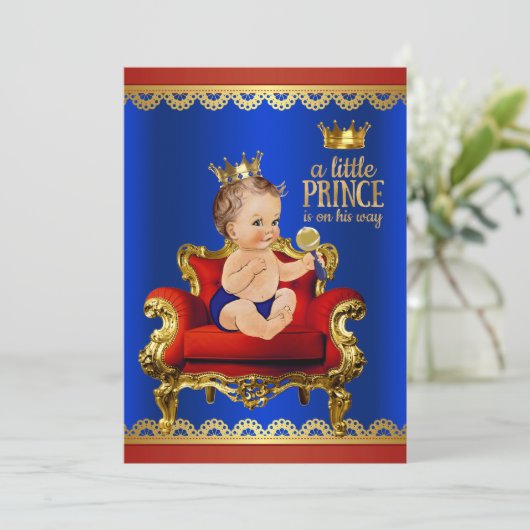 Rood Blauw Gouden Stoel Brunette Prince Baby showe Kaart (Staand voorkant)