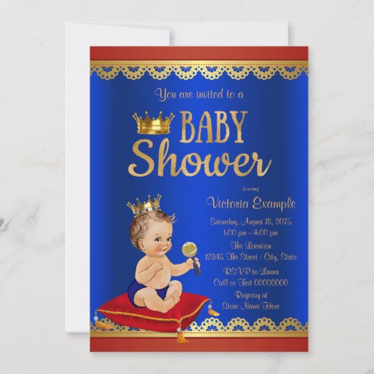 Rood Blauw Gouden Stoel Brunette Prince Baby showe Kaart (Achterkant)
