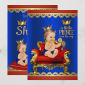 Rood Blauw Gouden Stoel Brunette Prince Baby showe Kaart (Voorkant / Achterkant)