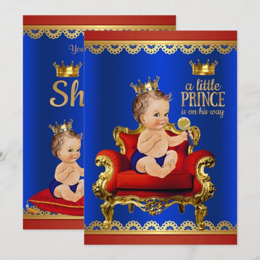 Rood Blauw Gouden Stoel Brunette Prince Baby showe Kaart (Voorkant / Achterkant)