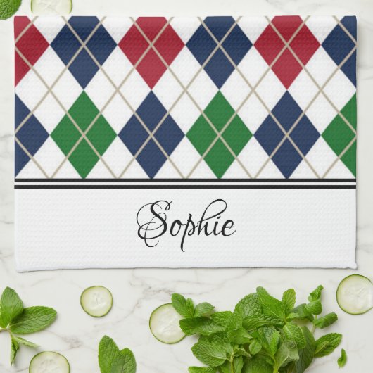 Rood Blauw Groen Argyle Gepersonaliseerd Theedoek (Gevouwen)