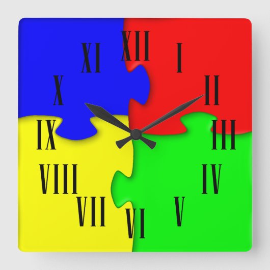 Rood Blauw Groen Geel Jigsaw Stukken Romeinse cijf Vierkante Klok (Voorkant)