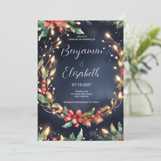 Rood blauw groen kerstbloem krans bruiloft kaart (Staand voorkant)