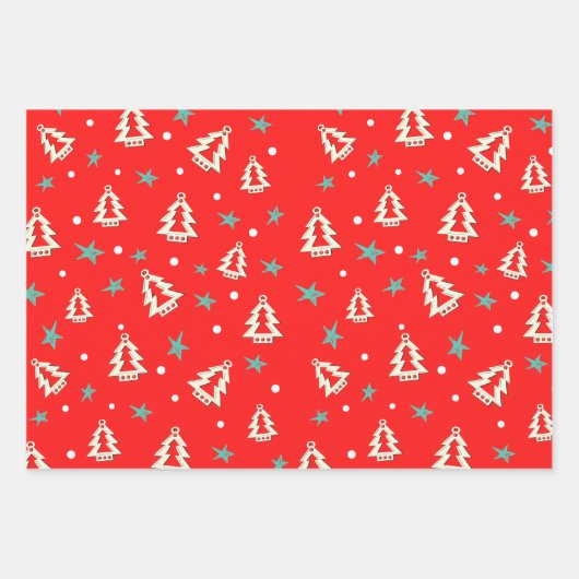 Rood Blauw Groen Kerstboom Sterren Patroon Inpakpapier Vel (Voorkant)