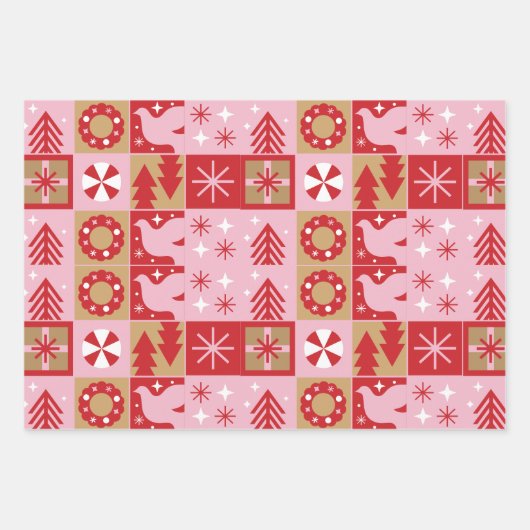Rood Blauw Groen Roze Bruin Kerstmispatroon Inpakpapier Vel (Voorkant 3)