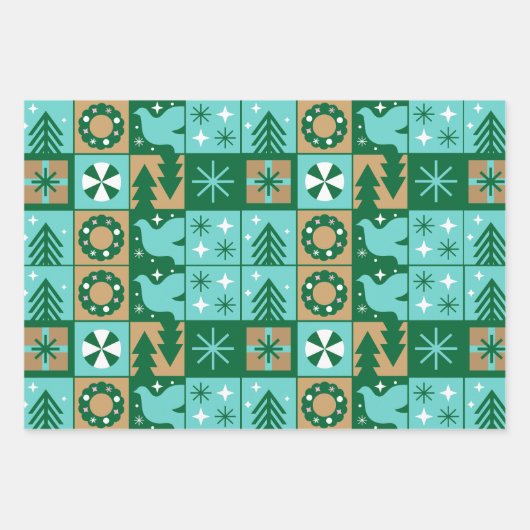 Rood Blauw Groen Roze Bruin Kerstmispatroon Inpakpapier Vel (Voorkant)