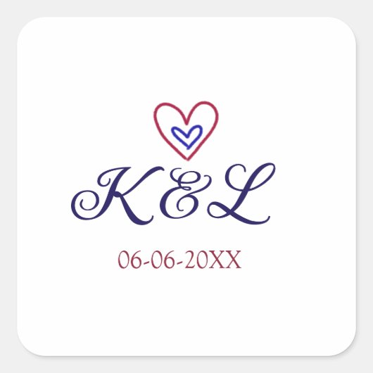 rood blauw hart koppel naam letter datum modern ve vierkante sticker (Voorkant)