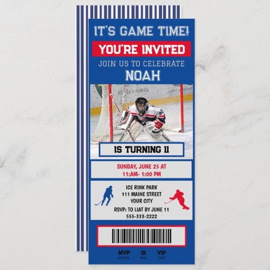 Rood & blauw Hockey keeper Ticket Feest Uitnodigin Kaart (Voorkant / Achterkant)