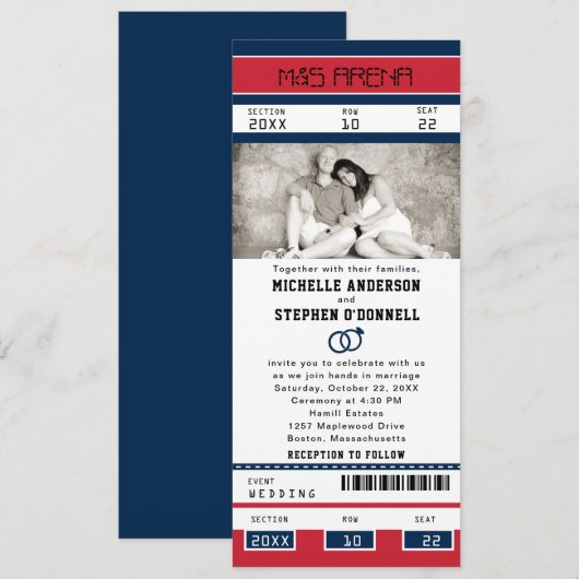 Rood Blauw Hockey Ticket met Trouwringen Kaart (Voorkant / Achterkant)