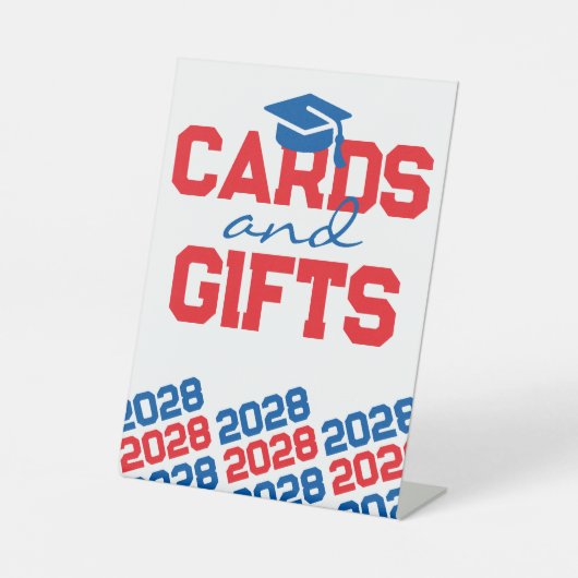 Rood & Blauw Kaarten & Geschenken Afstuderen Tafel Reclamebord Met Voetstuk (Voorkant)