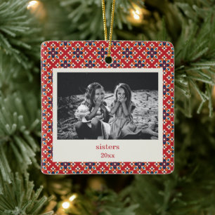  Rood Blauw Kerst Foto Zusters Keramisch Ornament