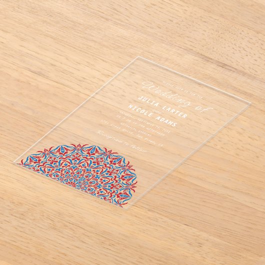 Rood & Blauw Koraalrif Marmeren Steen Mandala Huwe Acryl Uitnodigingen (Laagn)