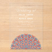 Rood & Blauw Koraalrif Marmeren Steen Mandala Huwe Acryl Uitnodigingen (Voorkant)