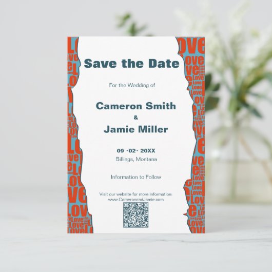 Rood Blauw Liefde Typografie Rand Save The Date (Staand voorkant)