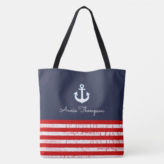 Rood & Blauw Marine canvas tas met naam & ankers (Achterkant)