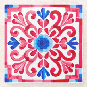 Rood & Blauw Mexicaans Traditioneel Bloemmotief Ta Glazen Onderzetter