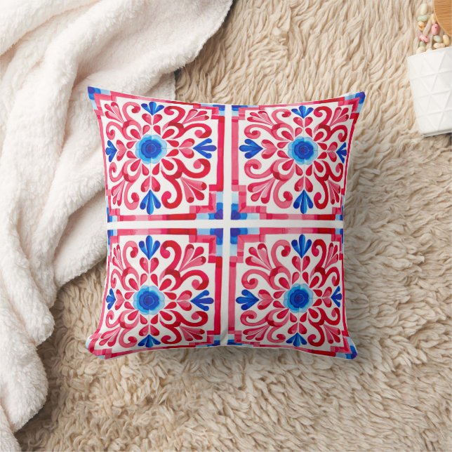 Rood & Blauw Mexicaans Traditioneel Bloemmotief Ta Kussen (Deken)