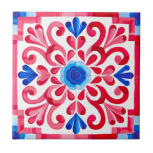 Rood & Blauw Mexicaans Traditioneel Bloemmotief Ta Tegeltje