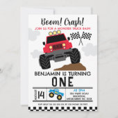 Rood Blauw Monster Truck 1e Verjaardag Kaart (Voorkant)