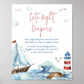Rood Blauw Nautisch Baby shower Late Night Luiers Poster (Voorkant)