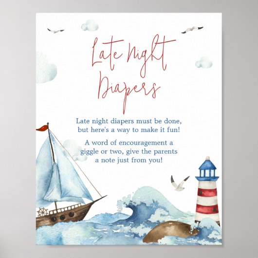 Rood Blauw Nautisch Baby shower Late Night Luiers Poster (Voorkant)