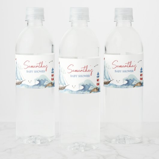 Rood Blauw Nautisch Baby shower Waterfles Etiket (Flessen)