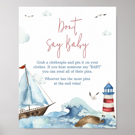 Rood Blauw Nautisch Baby shower Zeg geen Baby Poster (Voorkant)
