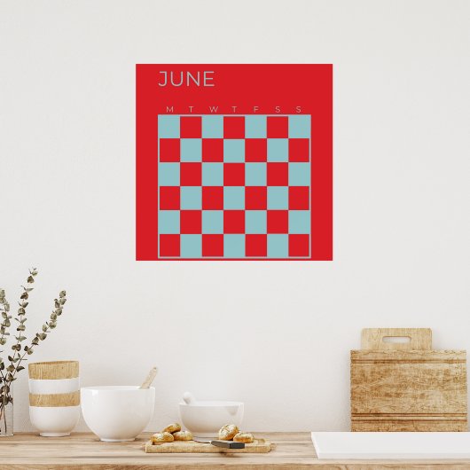 Rood Blauw Ongedateerd Geruit Juni Maandkalender Poster (Keuken)