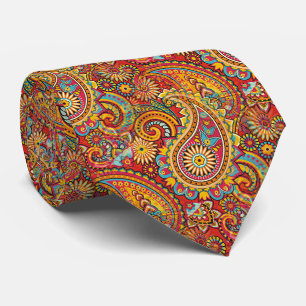 Rood Blauw Oranje Geel Goud Paisley Bloemmotief Stropdas