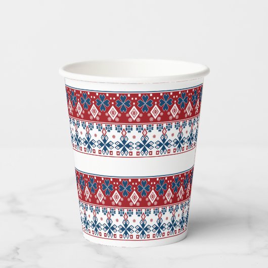 Rood blauw ornament papier beker (Achterkant)