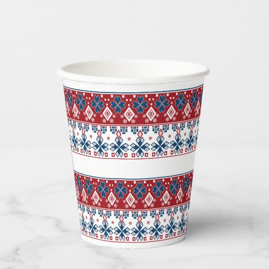 Rood blauw ornament papier beker (Voorkant)