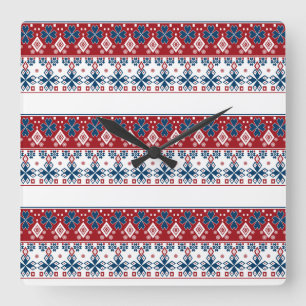 Rood blauw ornament vierkante klok