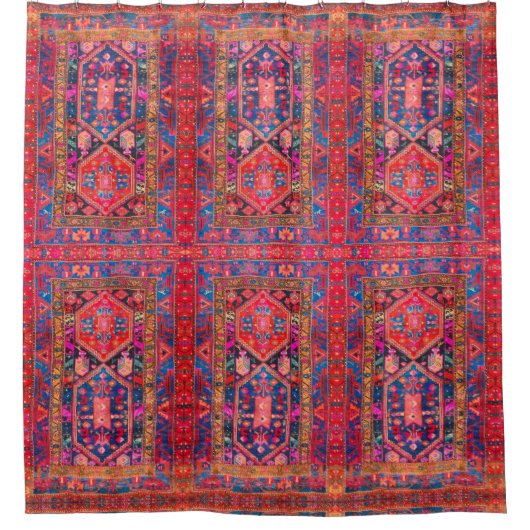 Rood + Blauw Perzisch Rug Oriental Carpet Print Douchegordijn (Voorkant)
