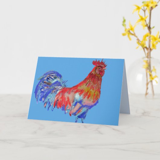 Rood blauw Rooster Chicken Bird Waterverf Kaart (Gele Bloem)