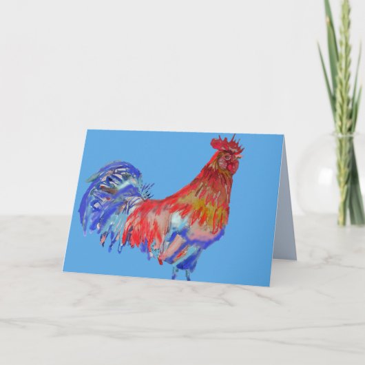 Rood blauw Rooster Chicken Bird Waterverf Kaart (Voorkant)