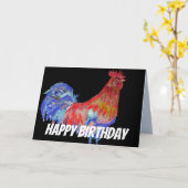 Rood Blauw Rooster Kip Vogel Waterverf Verjaardag Kaart (Gele Bloem)