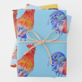 Rood Blauw Rooster Kip Waterverf Schilderij Inpakpapier Vel (In situ)