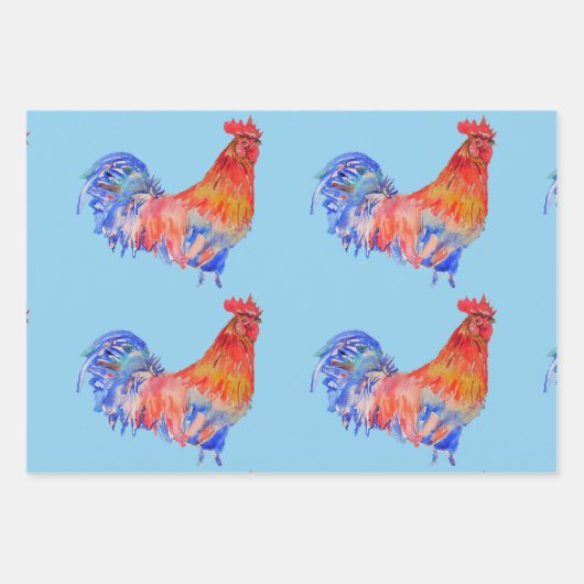 Rood Blauw Rooster Kip Waterverf Schilderij Inpakpapier Vel (Voorkant)