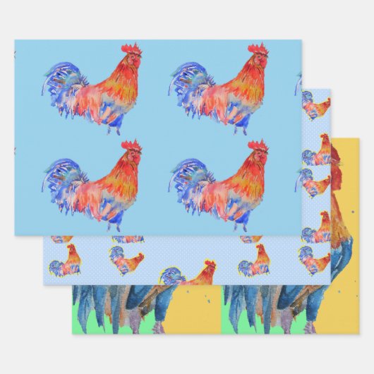 Rood Blauw Rooster Kip Waterverf Schilderij Inpakpapier Vel (Set)