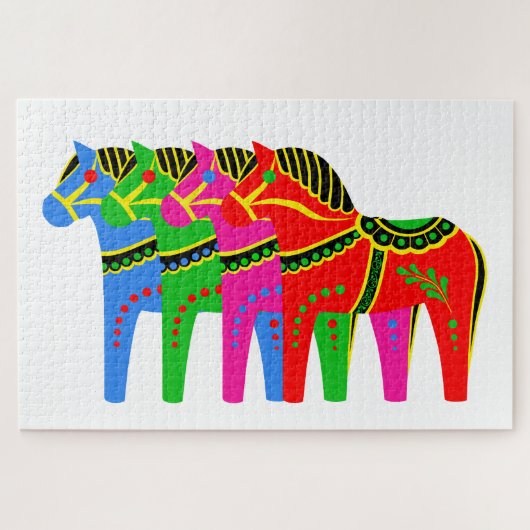 Rood/blauw/roze/groen Noords Folk Dala paard Legpuzzel (Horizontaal)