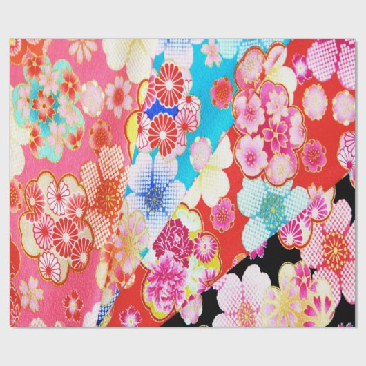 Rood Blauw Roze Japans Kimono Bloemen Decoupage Cadeaupapier (Vlak)