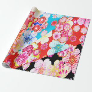 Rood Blauw Roze Japans Kimono Bloemen Decoupage Cadeaupapier