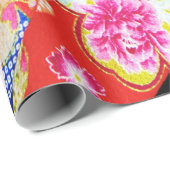 Rood Blauw Roze Japans Kimono Bloemen Decoupage Cadeaupapier (Rol Hoek)