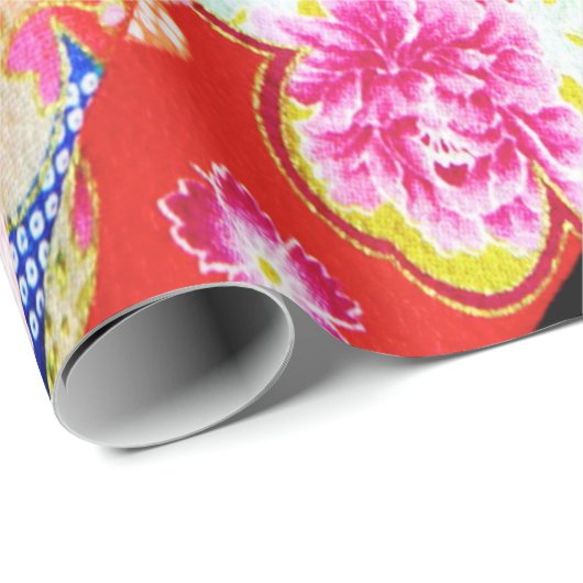 Rood Blauw Roze Japans Kimono Bloemen Decoupage Cadeaupapier (Rol Hoek)