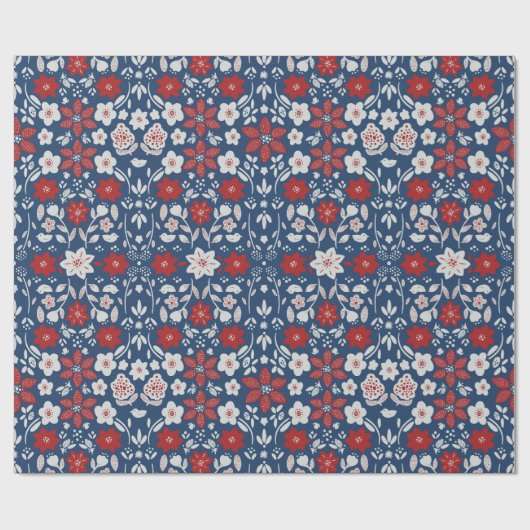 Rood & Blauw Scandinavische Winter Blooms Cadeaupapier (Vlak)