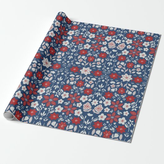 Rood & Blauw Scandinavische Winter Blooms Cadeaupapier (Uitgerold)