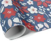 Rood & Blauw Scandinavische Winter Blooms Cadeaupapier (Rol Hoek)