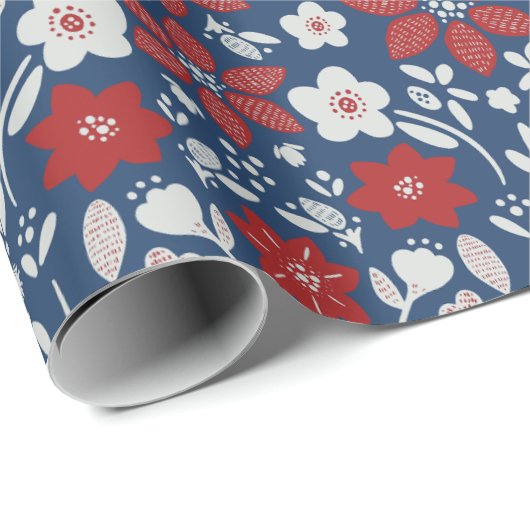 Rood & Blauw Scandinavische Winter Blooms Cadeaupapier (Rol Hoek)